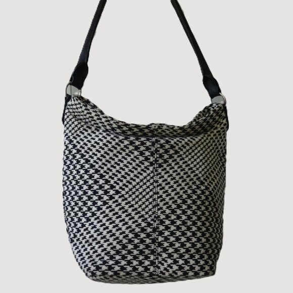 Talbots black & white Houndstooth fabric Bucket bag, Leather handles & trim, VGC - Picture 2 of 14
